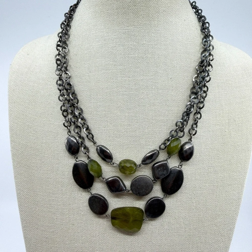 Green Faceted Bead Silver Tone Multi Strand Chunky Statement Bib Necklace Boho
